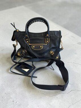 BALENCIAGA Navy Leather Gold Accent Classic Metallic Edge City Bag